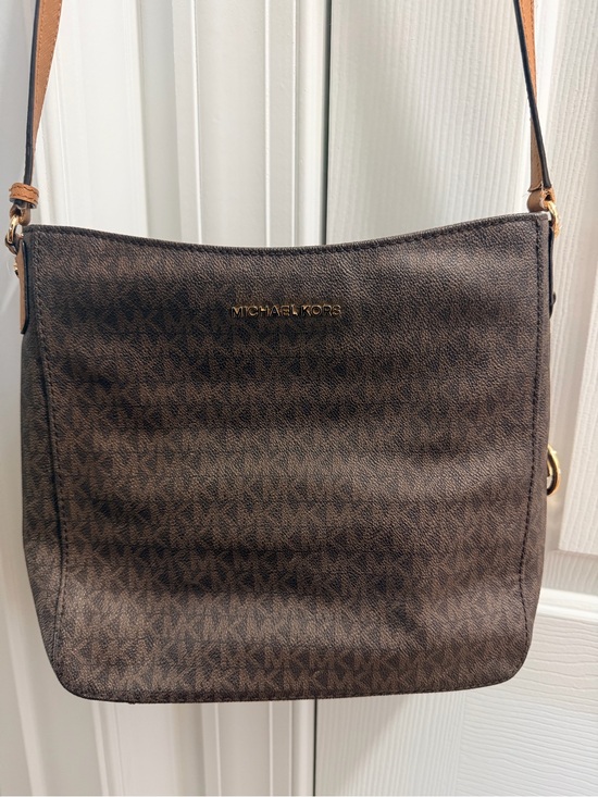 Michael Kors Handbags - Michael Kors Brown MK Monogram Crossbody Bag with Tan Strap